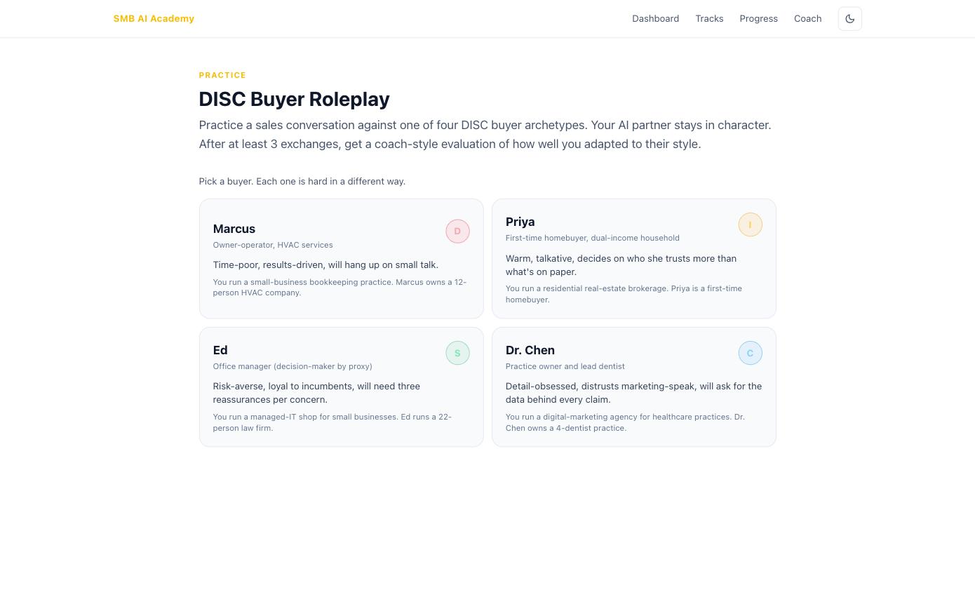 The DISC Buyer Roleplay tool showing four buyer archetype cards to practice against: Marcus a time-poor D-type HVAC owner, Priya a warm I-type first-time homebuyer, Ed a risk-averse S-type office manager, and Dr. Chen a detail-obsessed C-type dentist